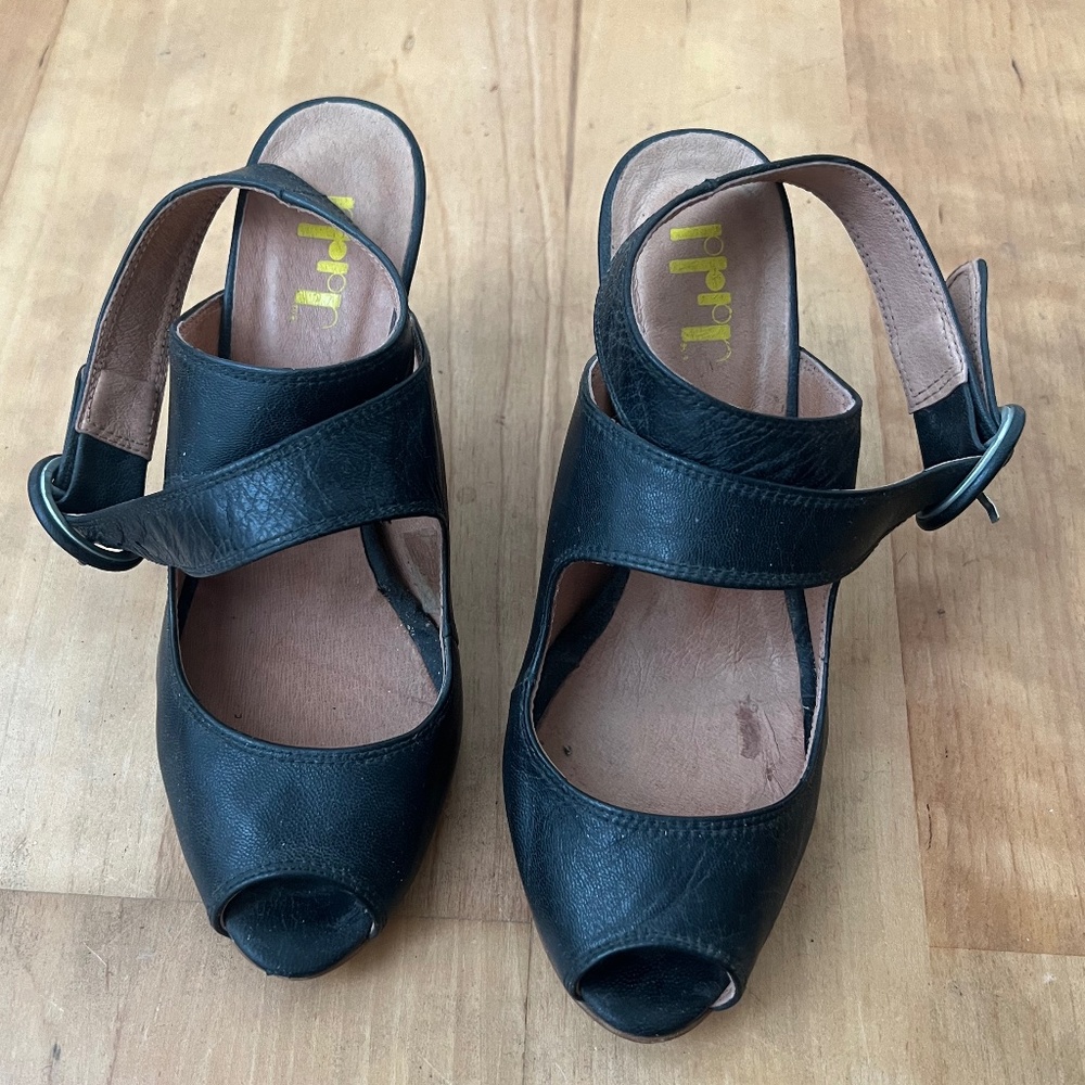 Black leather peep toe high heels